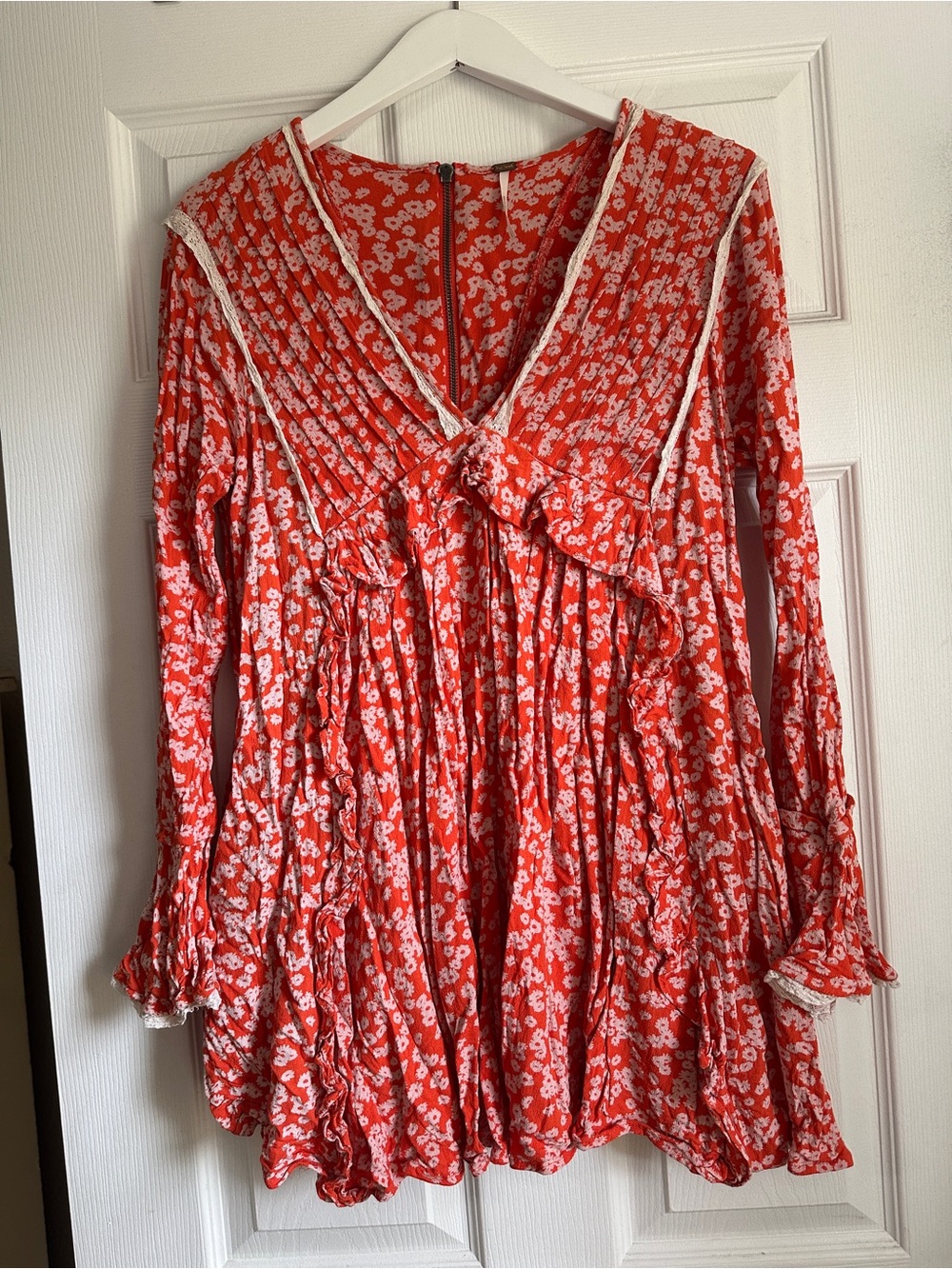 FREE PEOPLE Coral Floral Long-Sleeve Ruffle Dress with Lace Trim